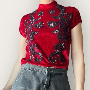 Free People Top Medium - Red Velvet with Purple Sequins